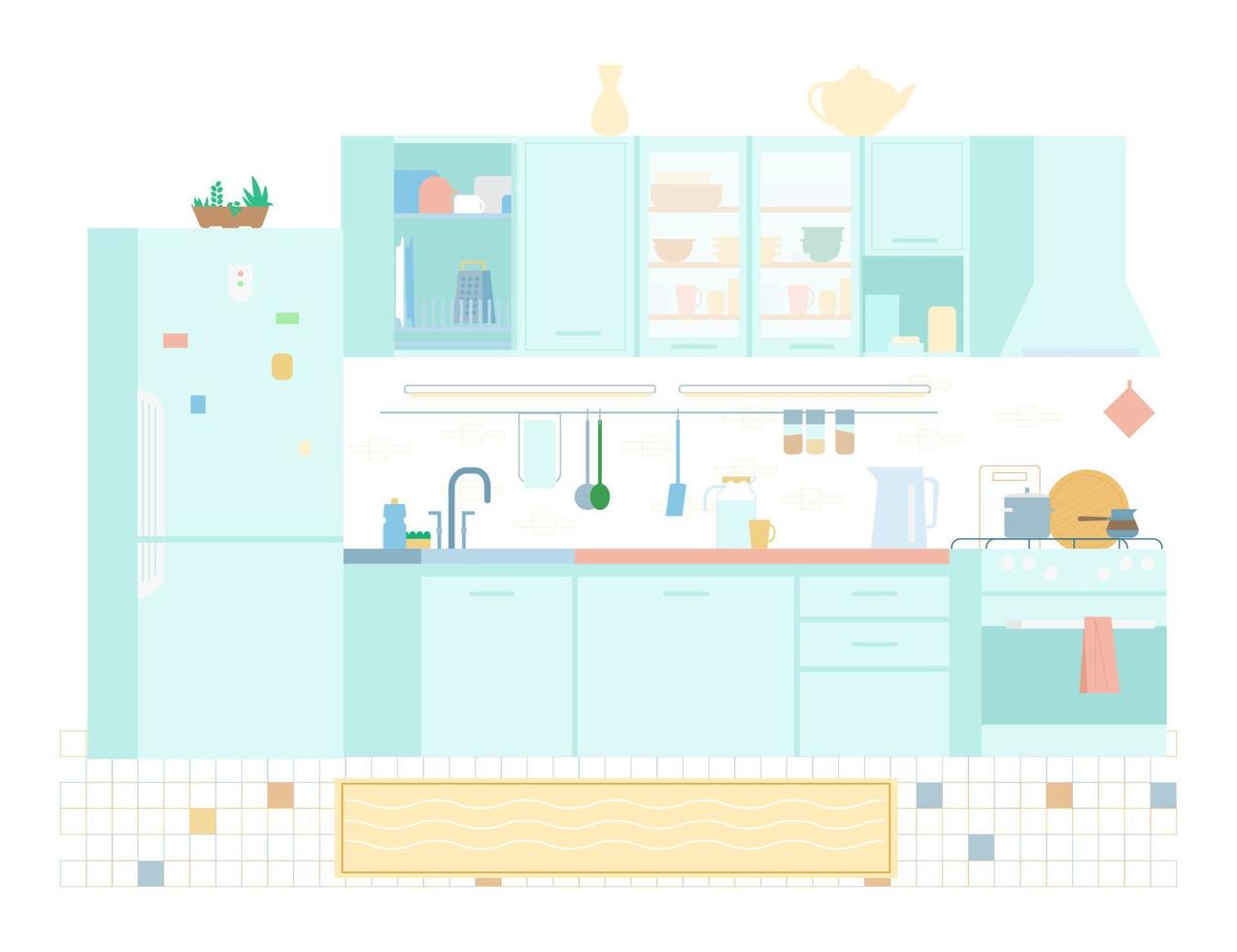 Kitchen Interior In Pastel Colors Flat Vector Illustration. Furniture, Stove, Utensils, Fridge, Shelfs, Sink, Plate Rack.