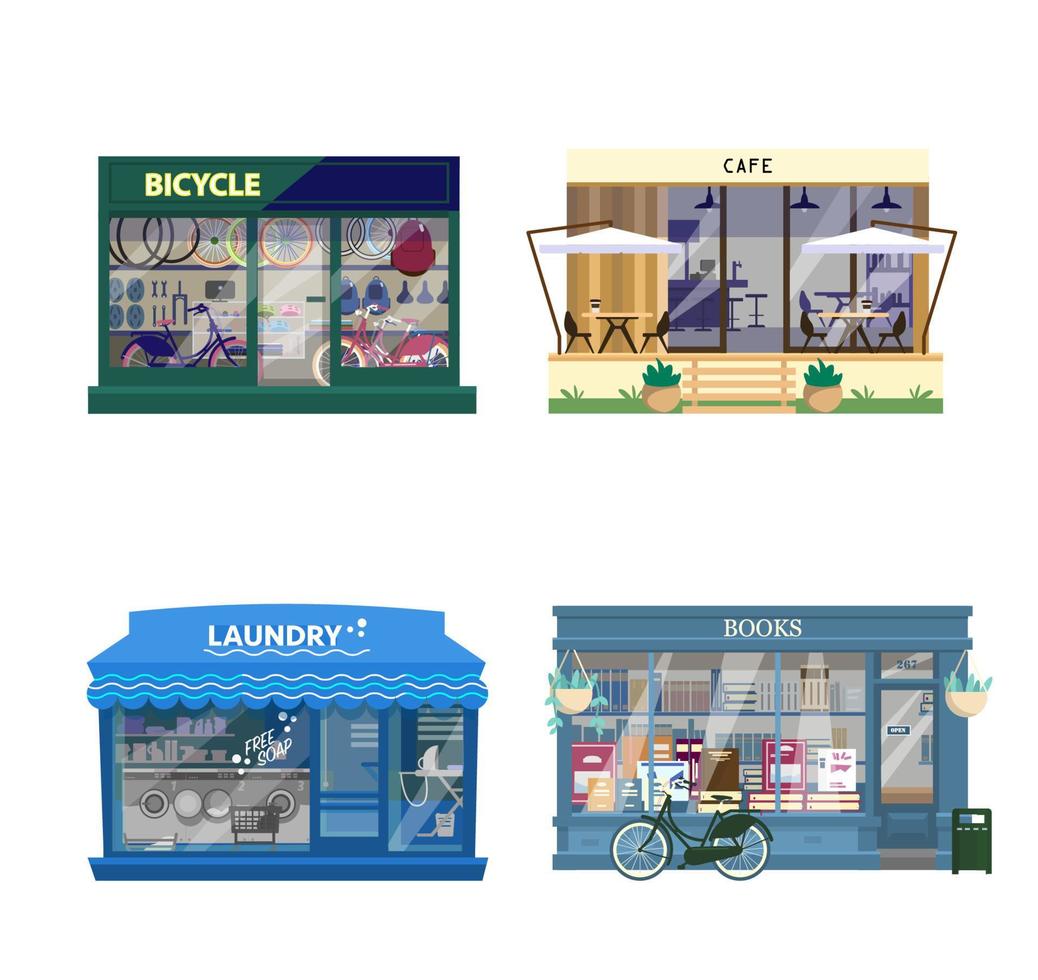 Vector set of shops exteriors. Bycicle shop, cafe, laundry, books shop. Flat cartoon style.