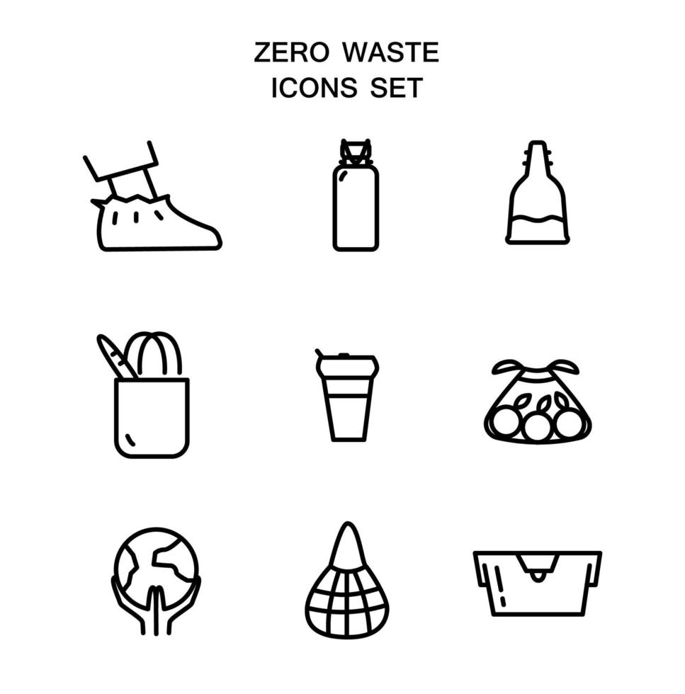 conjunto de iconos de vector de cero residuos. iconos de ecología. artículos reutilizables cubrezapatos, botella metálica para agua, copa menstrual, bolsa, taza termo, saco para verduras, tierra en manos, bolsa de hilo, contenedor.