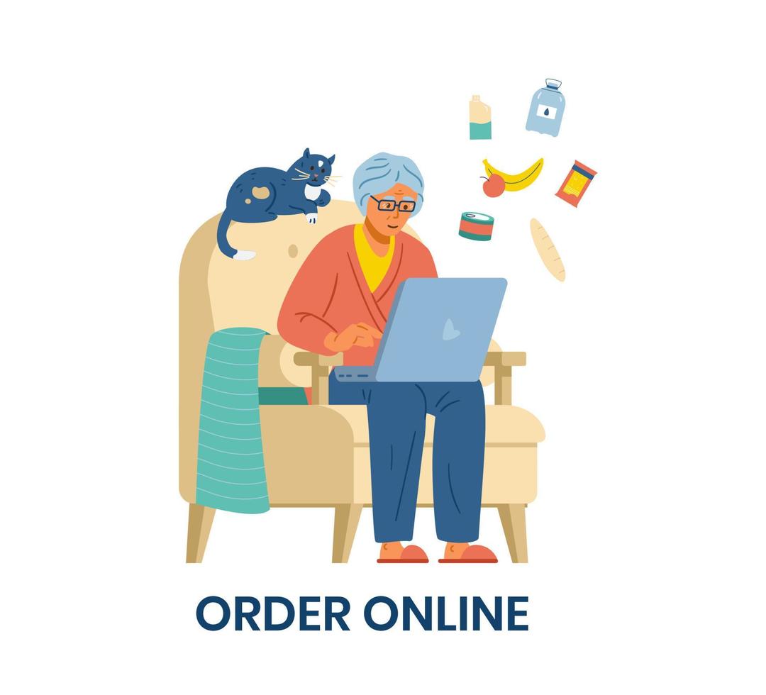 Senior woman grocery shopping online flat vector illustration. Elderly woman sitting in armchair with laptop ordering food online. Isolated.