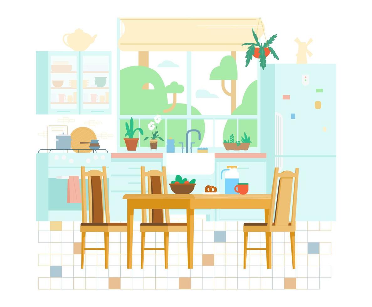 acogedora cocina interior ilustración vectorial plana. muebles de madera, mesa con sillas, ventana, plantas, cocina, utensilios, nevera, estanterías, fregadero, escurreplatos. vector