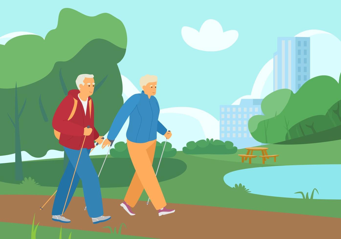 Elderly Couple Nordic Walking In The Summer Park. Active Retirement. Healthy Lifestyle. Vector Illustration.