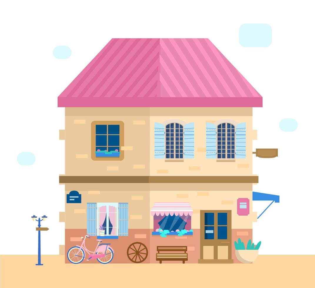 Vector illustration of cute European house with shuttered windows with flowers and different decoration elements.