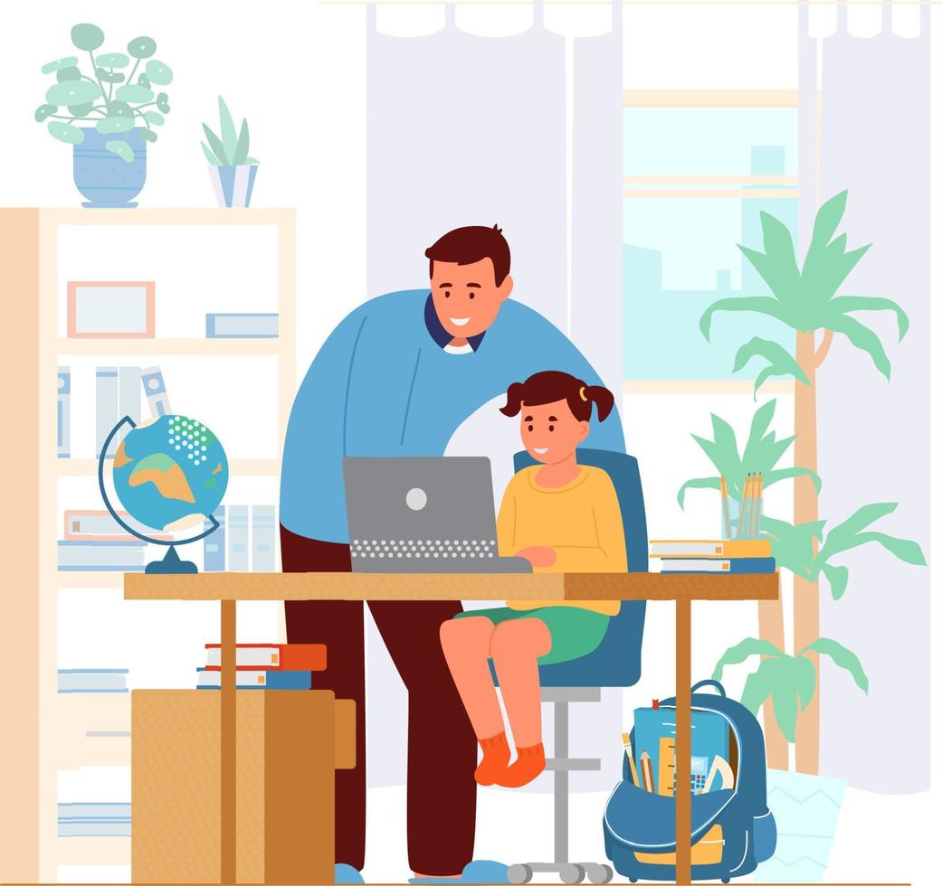 Homeschooling Concept. Father Or Tutor Teaching Girl At Home. Girl Sitting At Desk At Laptop. Flat Vector Illustration.