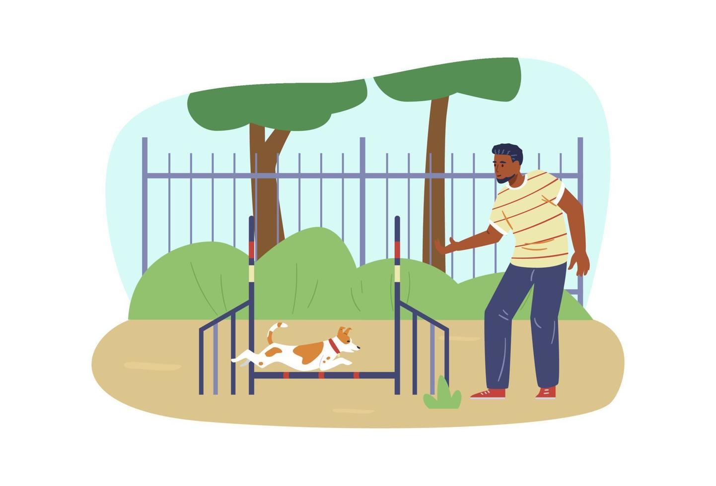 African american man training his Jack Russell Terrier dog on agility field. Dog jumping on agility course. vector