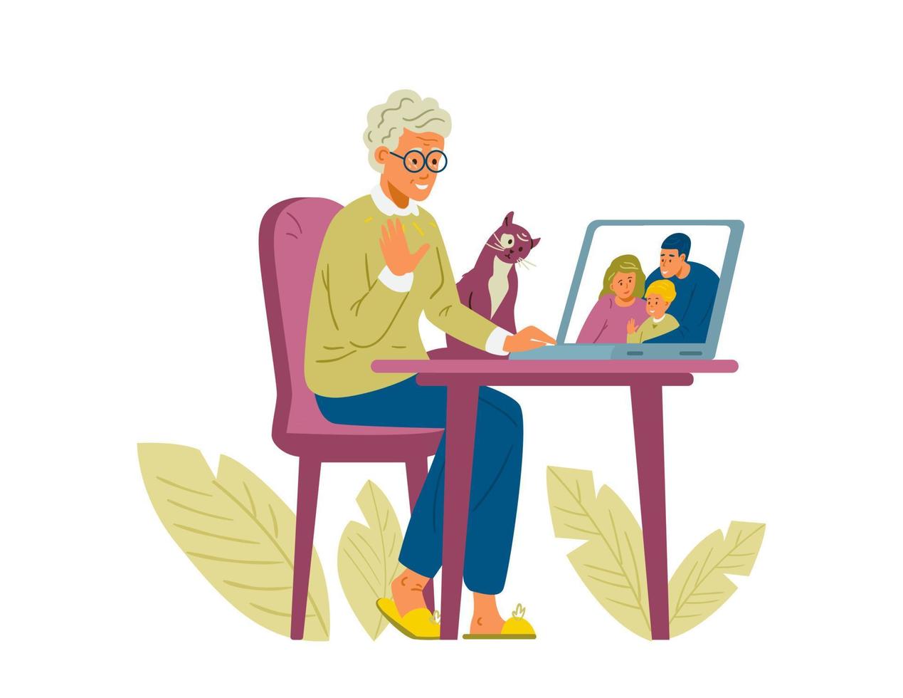 Family video conference flat vector illustration. Senior woman with cat talking to family by video call.