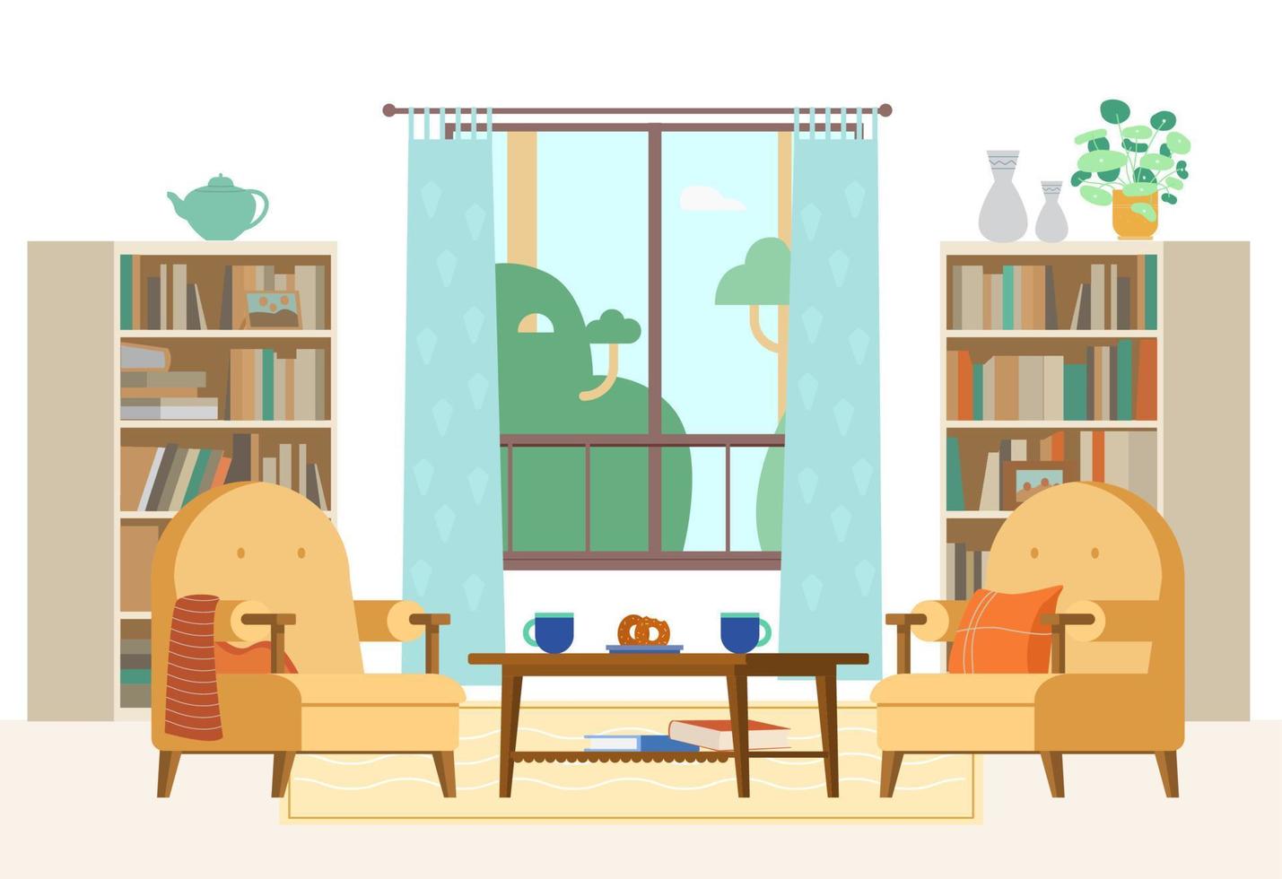 acogedora sala de estar interior ilustración vectorial plana. estanterías, sillones, mesa de café, ventana, elementos de decoración. vector