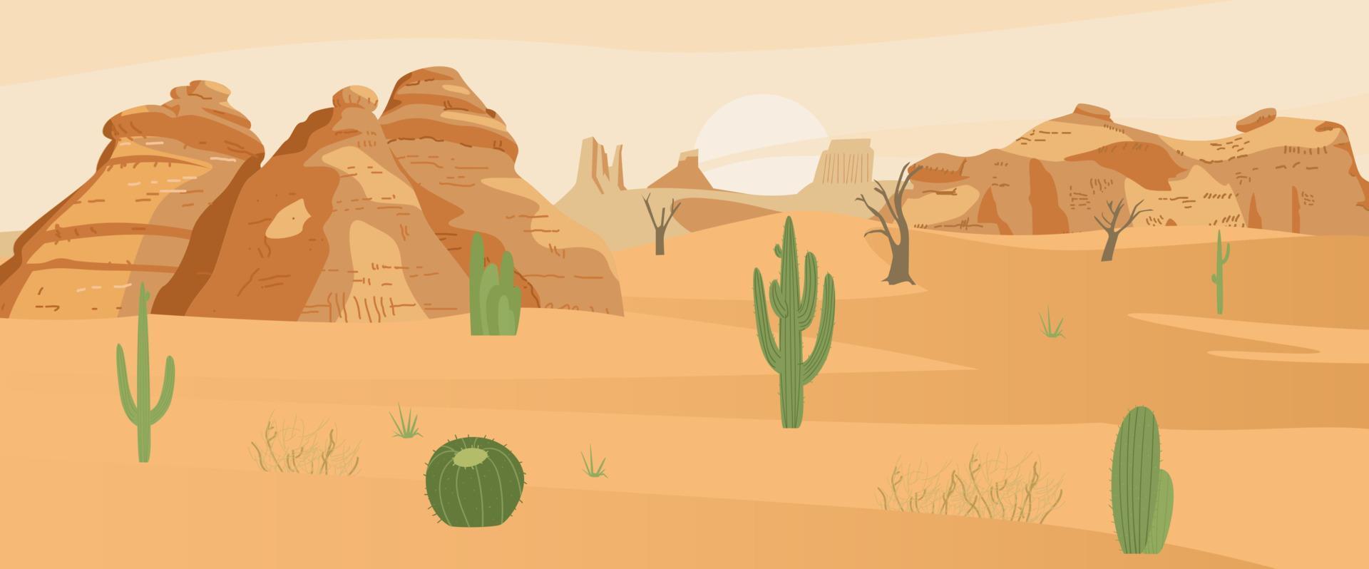 Desert landscape with cactus and sand rocks. Flat vector illustration.