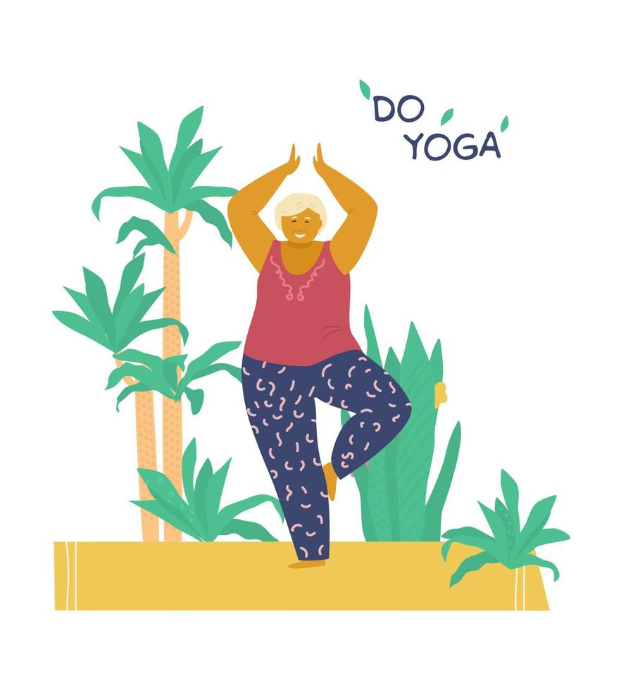 Smiling senior lady in tree yoga pose on yoga mat surrounded with plants. Motivational banner for seniors. Flat vector illustration.