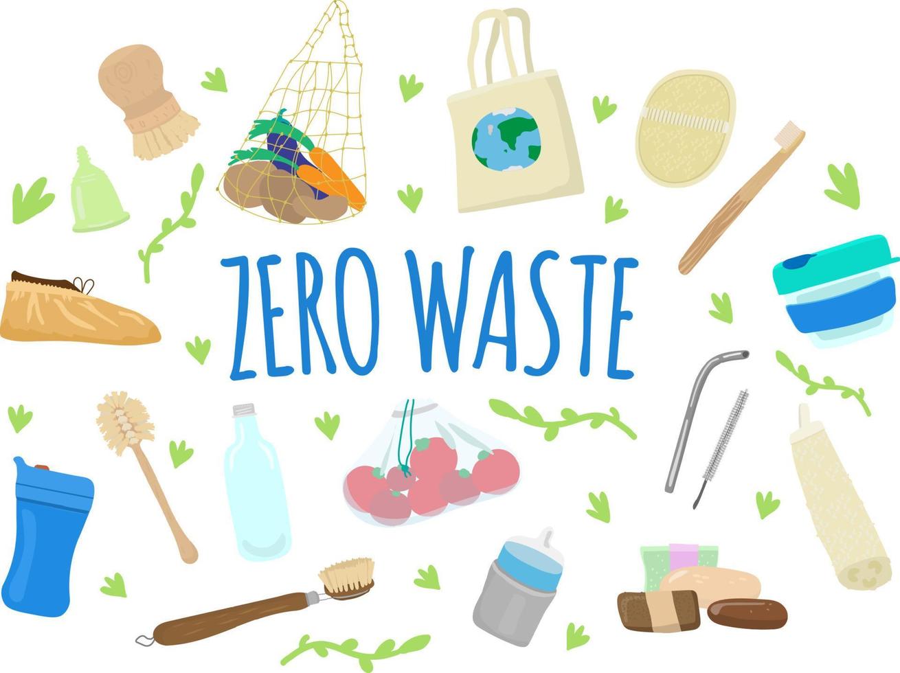 Zero waste concept with durable, reusable and eco friendly items.Bags, menstrual cup, thermo cup, baby bottle, solid soap and shampoo, kitchen brushes,loofah, tooth brush, glass jar, straw,shoe covers vector