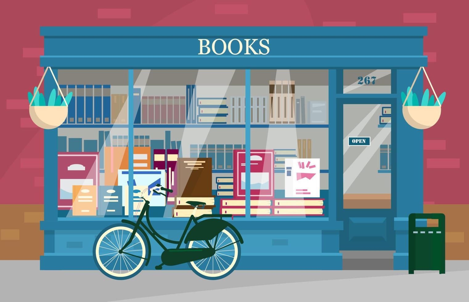 ilustración vectorial del escaparate de la librería europea con muchos libros con bicicleta afuera. librería exterior de estilo plano. vector