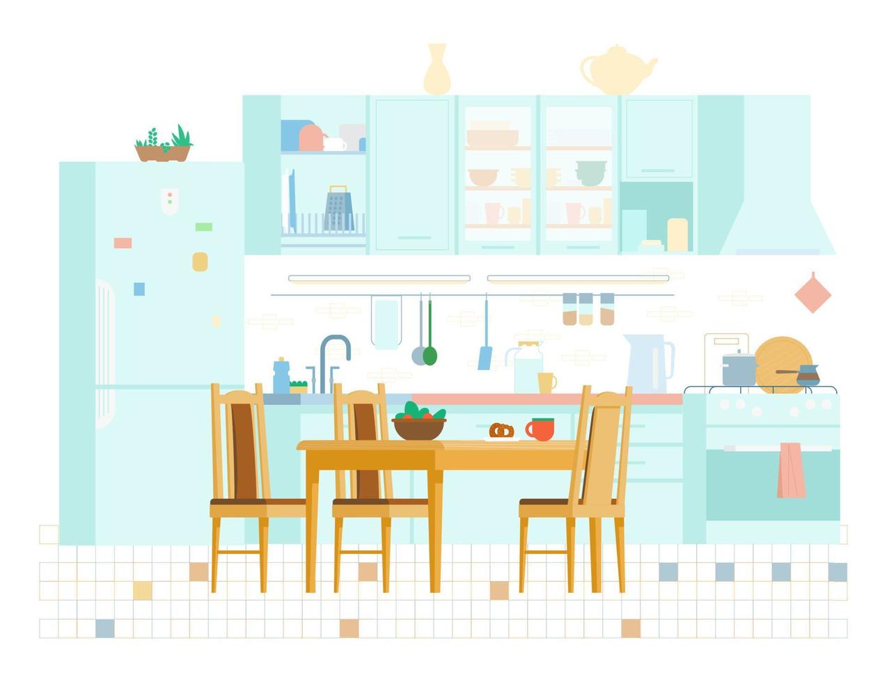 Cozy Kitchen Interior Flat Vector Illustration. Wooden Furniture, Table With Chairs, Stove, Utensils, Fridge, Shelfs, Sink, Plate Rack.