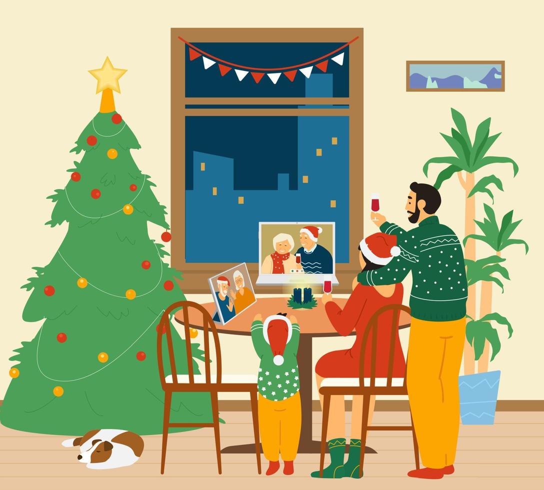 Christmas Online Family Party. Parents And Child Near Table  Celebrating With Grandparents Using Videoconference Call In Laptop And Tablet. Vector Illusration.