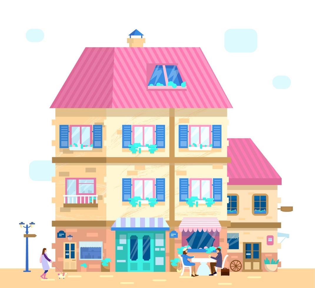 ilustración vectorial de bonitas casas europeas con ventanas cerradas con flores y diferentes elementos decorativos. ciudad csene con personas y edificios. vector