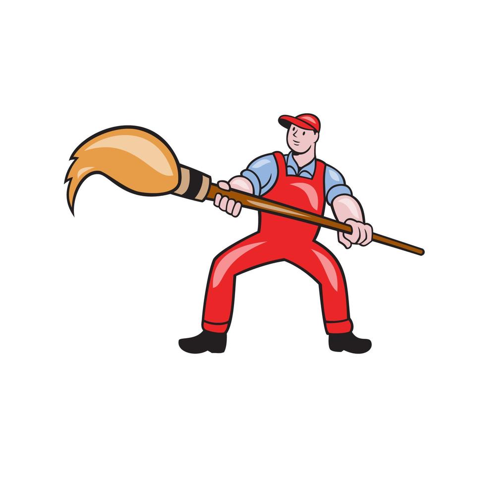 Artist Painter Standing Giant Paintbrush Cartoon vector
