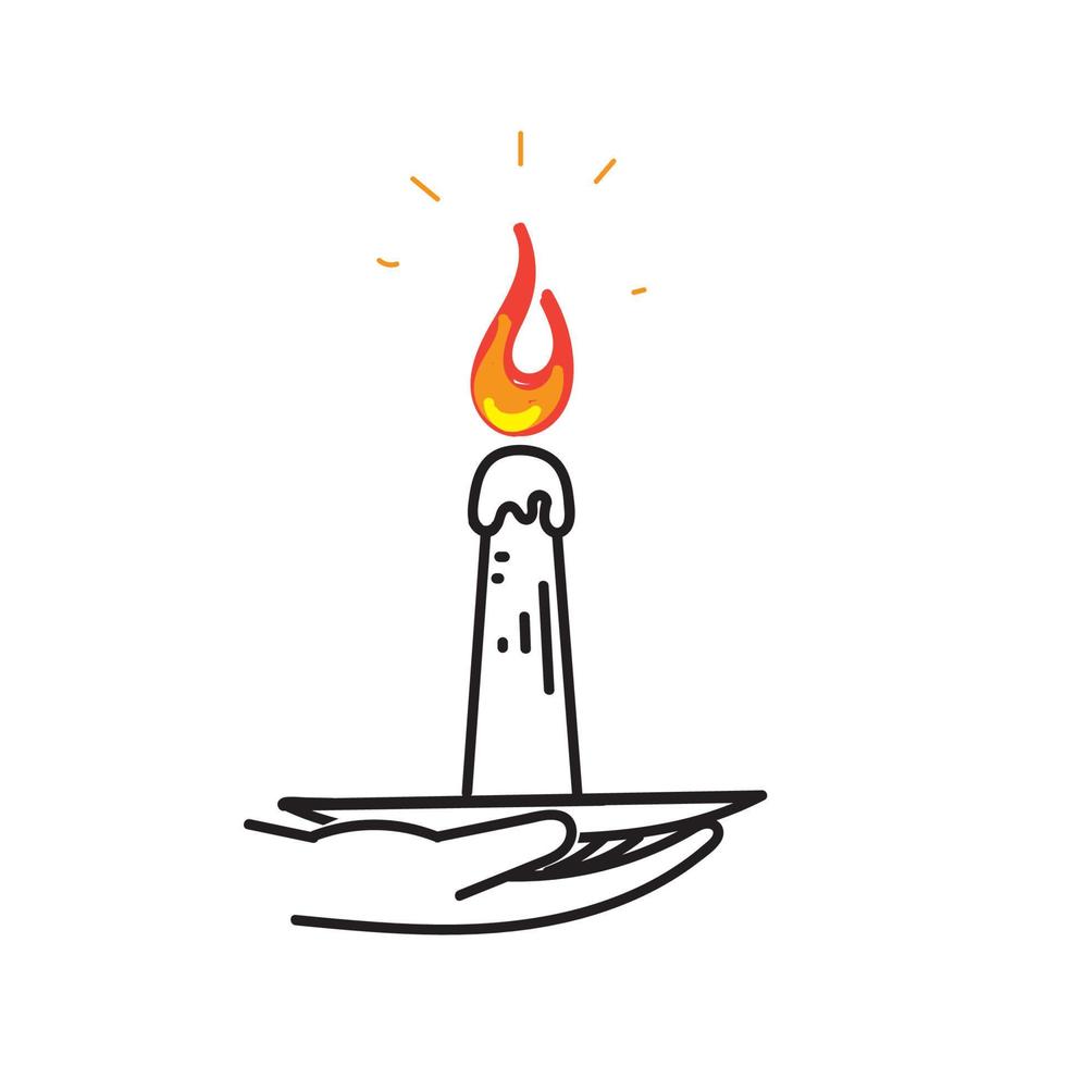 hand drawn doodle hand holding a burning candle illustration vector