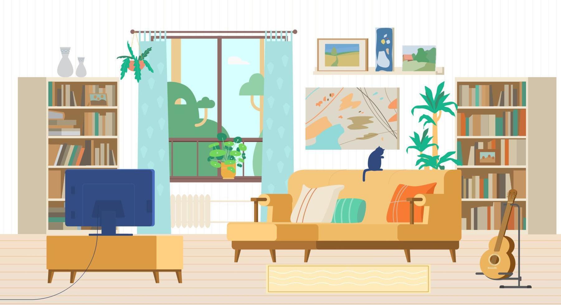 acogedora sala de estar interior ilustración vectorial plana. sofá con almohadas, tv, guitarra, estanterías, cuadros, elementos de decoración. vector