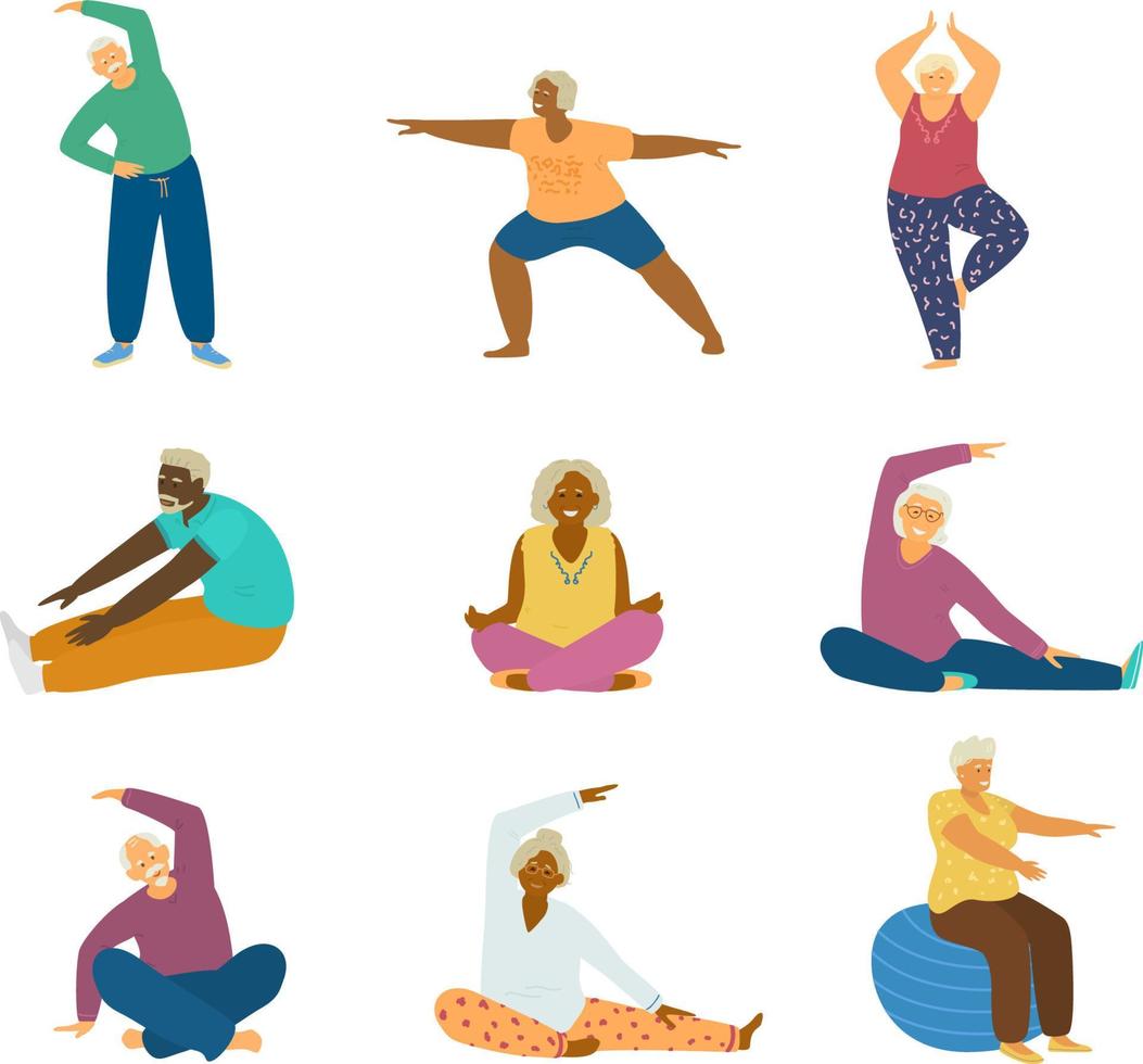 Vector set of different races elderly people doing fitness exercises and yoga. Stretching, lotus pose, tree pose, fit ball.Active and healthy lifestyle for seniors. Isolated. Flat vector illustration.