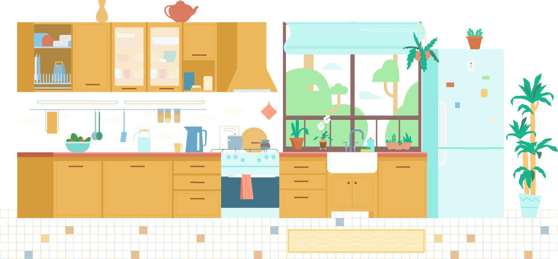 Kitchen Interior Background Flat Vector Illustration. Wooden Furniture, Window, Plants, Stove, Utensils, Fridge, Shelfs, Sink.