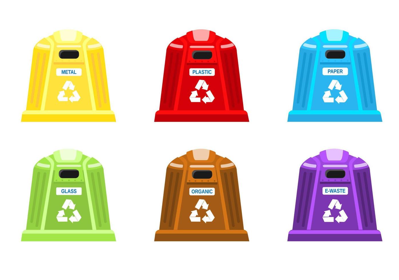 Vector set of garbage cans for separation collection with recycling icons.