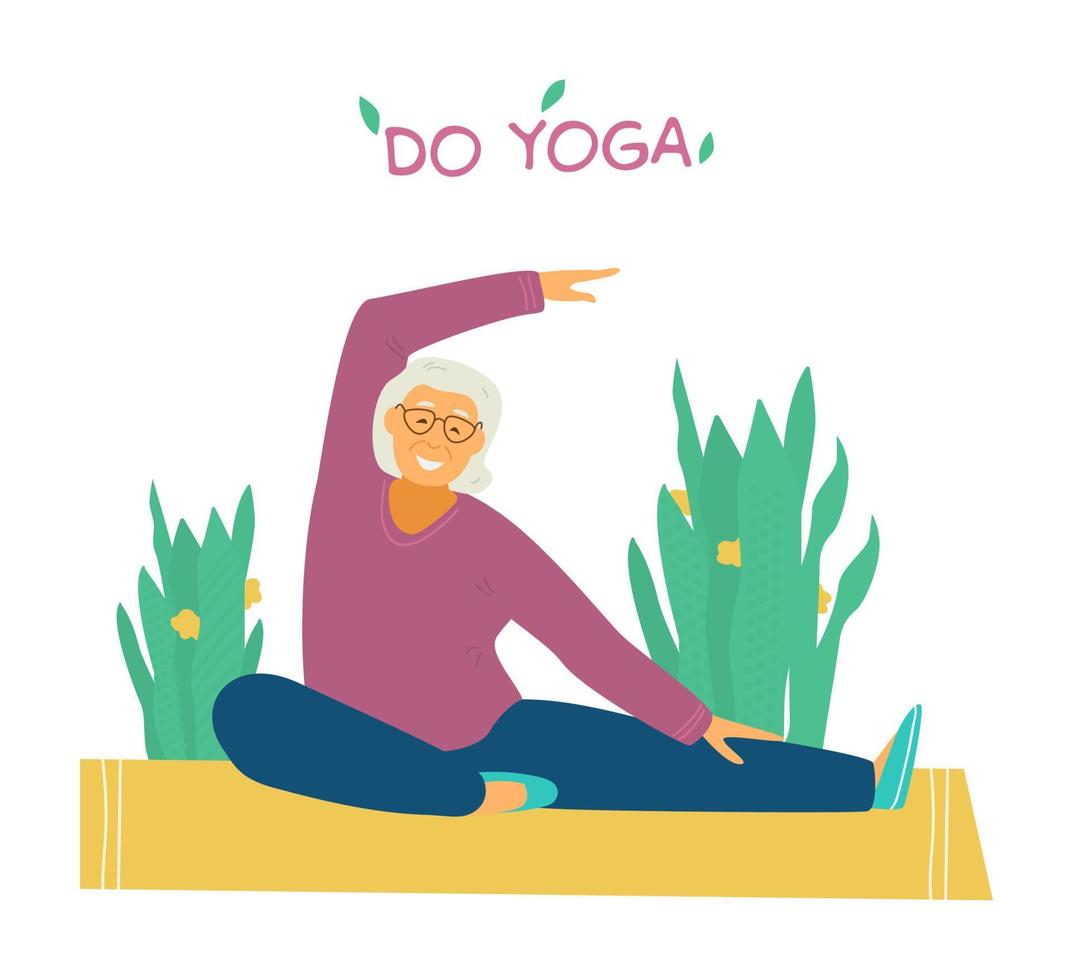 anciana sonriente estirándose en una alfombra de yoga rodeada de plantas. pancarta motivacional para personas mayores. ilustración vectorial plana. vector