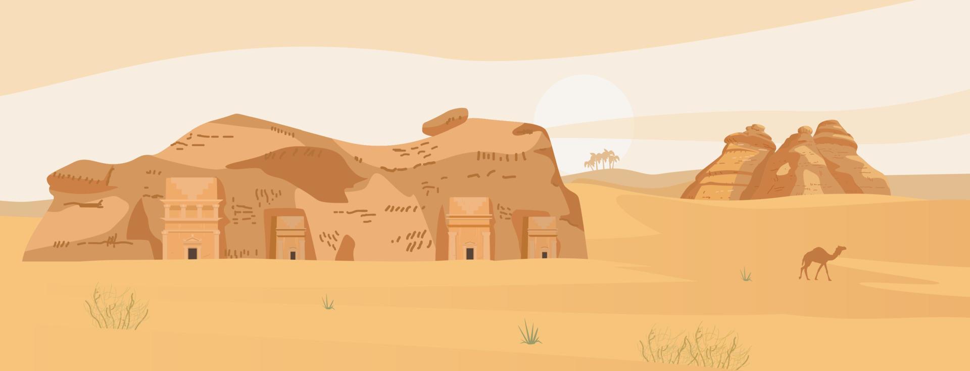 Saudi Arabia Desert Landscape With Ancient Tombs Of Al Ula. Hegra Ancient Village. Sand Rocks. Flat Vector Illustration.