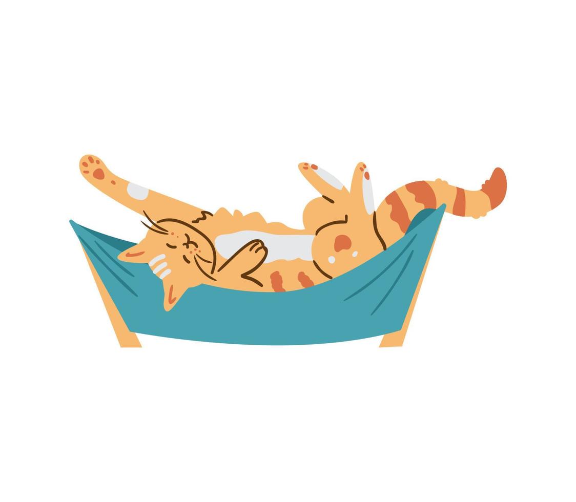 Cute red striped cat relaxing in hammock flat vector illustration. Isolated on white.