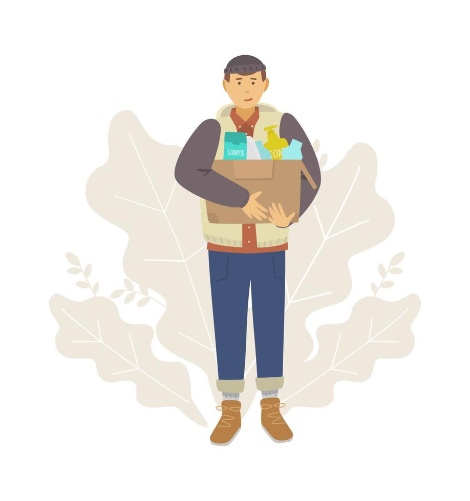 Vector illustration of man holding box with sorted plastic trash.  Zero waste lifestyle. Garbage sorting. Hand drawn style.
