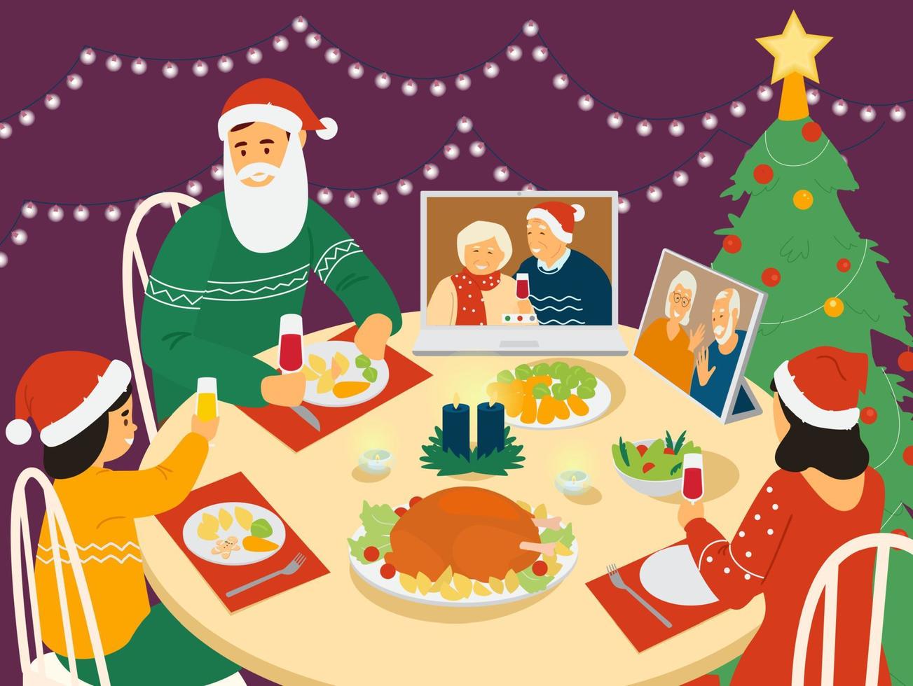 Christmas Family Dinner. Parents And Child Sitting At Table With Christmas Food Celebrating With Grandparents Using Videoconference Call In Laptop And Tablet. Vector Illusration.