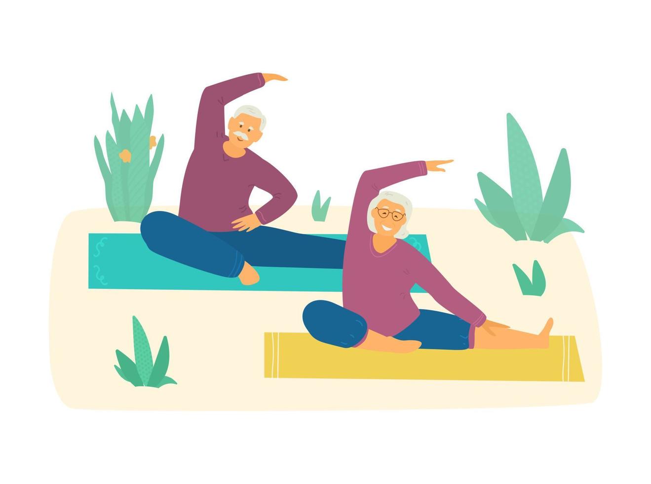 Smiling elderly couple practicing yoga or stretching on mats surrounded with plants. Active and healthy retirement. Flat vector illustration.