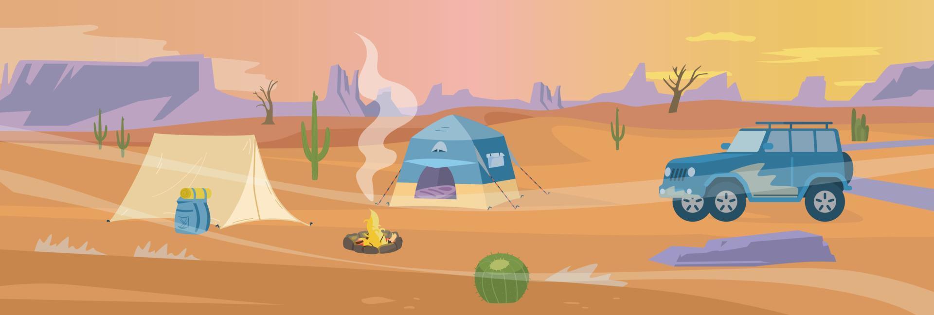 campamento del desierto panorama ilustración vectorial plana. tiendas de campaña y coche cerca de la fogata. vector