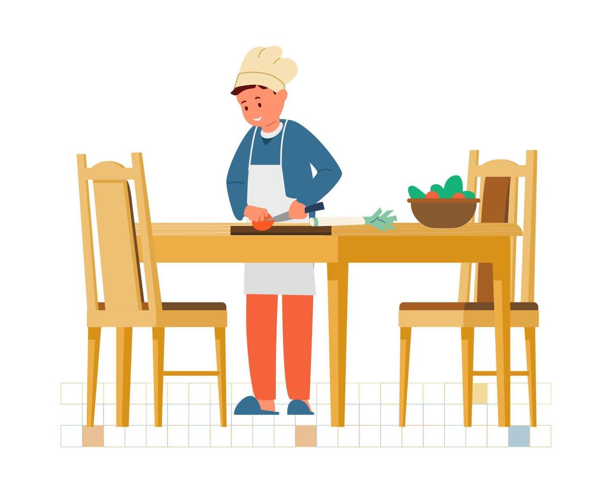 Boy In Chef Hat And Apron Making Salad In The Kitchen Flat Vector Illustration.