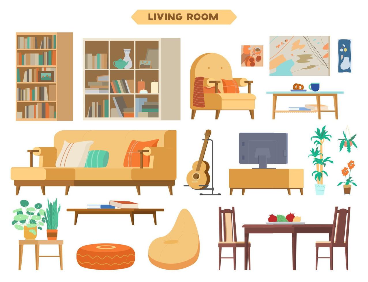 Living Room Interior Elements Vector Set. Wooden Furniture, Bookcases, Couch, Paintings, Plants, Guitar, Ottoman, Bean Bag Chair, Tv, Armchair, Pillows. Isolated On White.