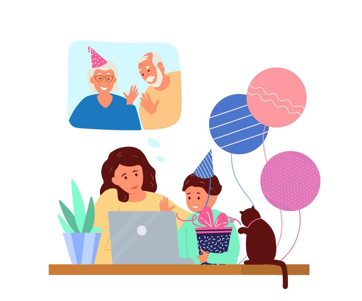 Fiesta de cumpleaños infantil en línea. madre con hijo en sombrero de cumpleaños con caja de regalo frente a la computadora portátil hablando por videoconferencia. ilustración vectorial plana. vector