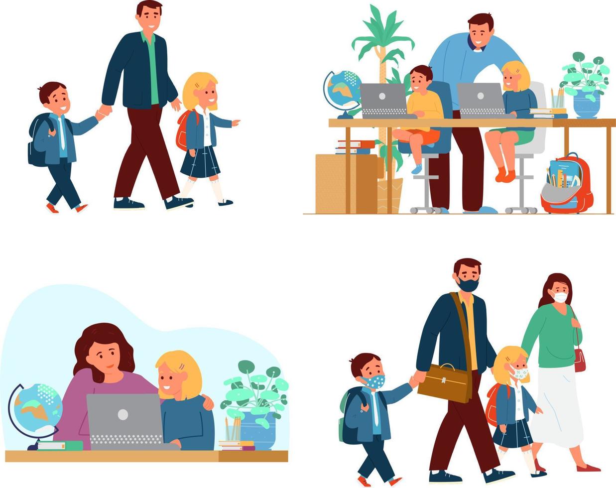 Set Of Family With School Children In Different Situations. Going To School In Protective Masks, Homeschooling, Making Homework. Flat Vector Illustration.