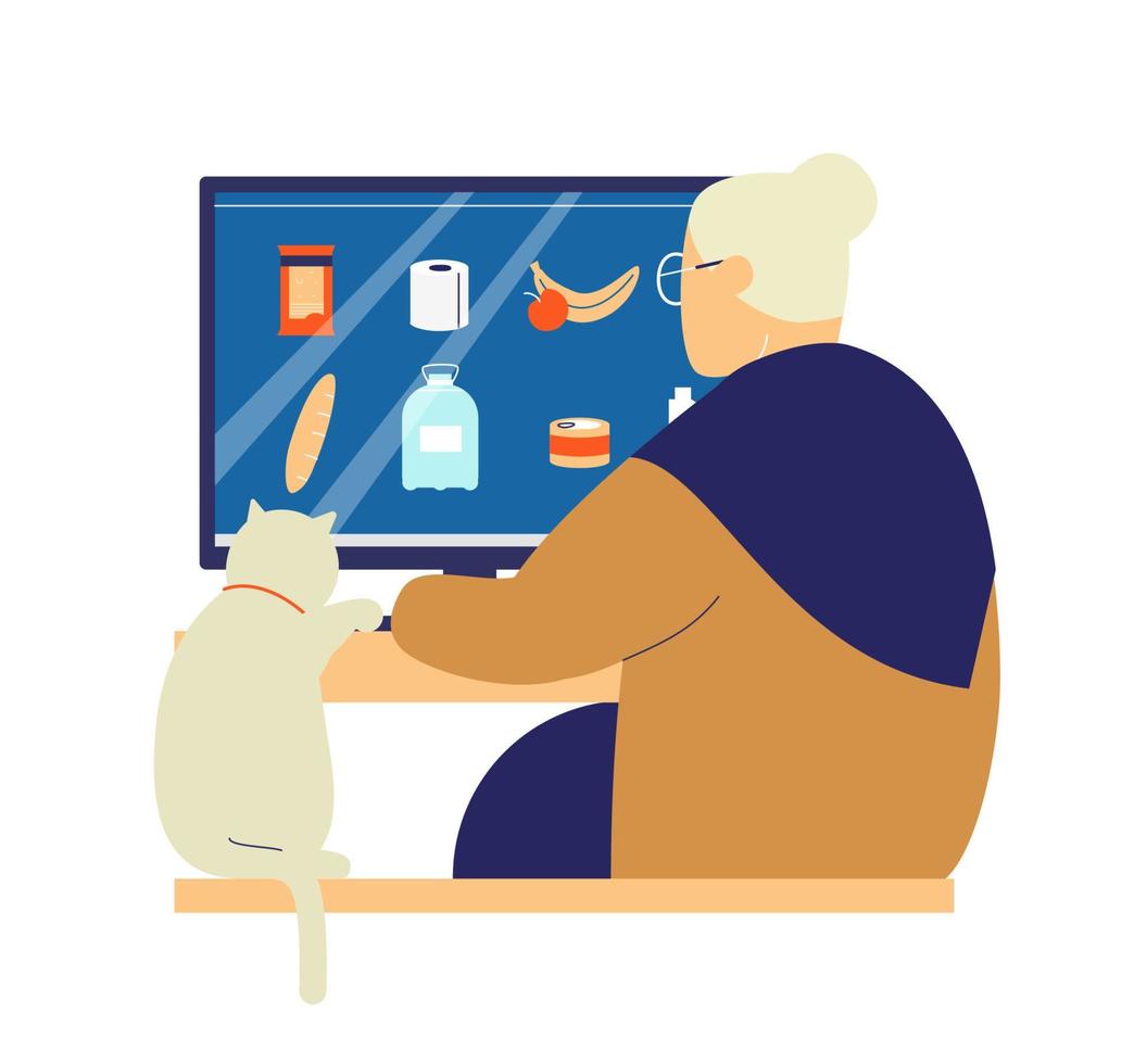 Old lady with cat ordering groceries online. Online shopping for elderly people during coronavirus quarantine concept. Flat vector illustration.