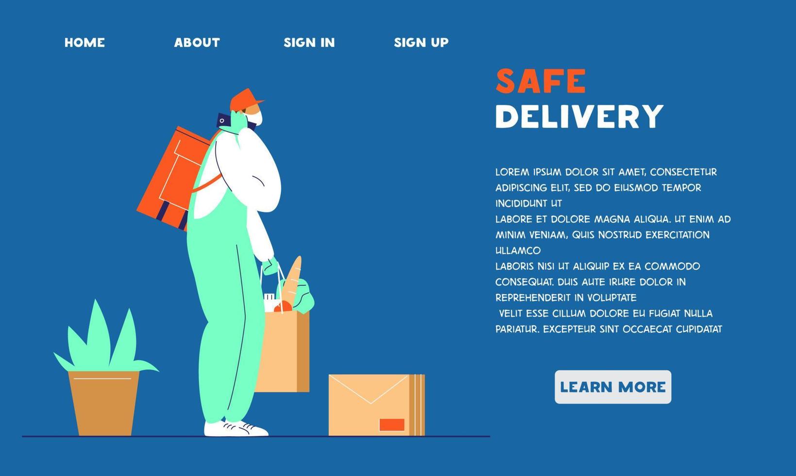 Safe delivery service website template. Courier in protective mask and gloves with delivery bag and pocket with food calls to customer. Contacless delivery diring coronavirus quarantine. Flat vector. vector