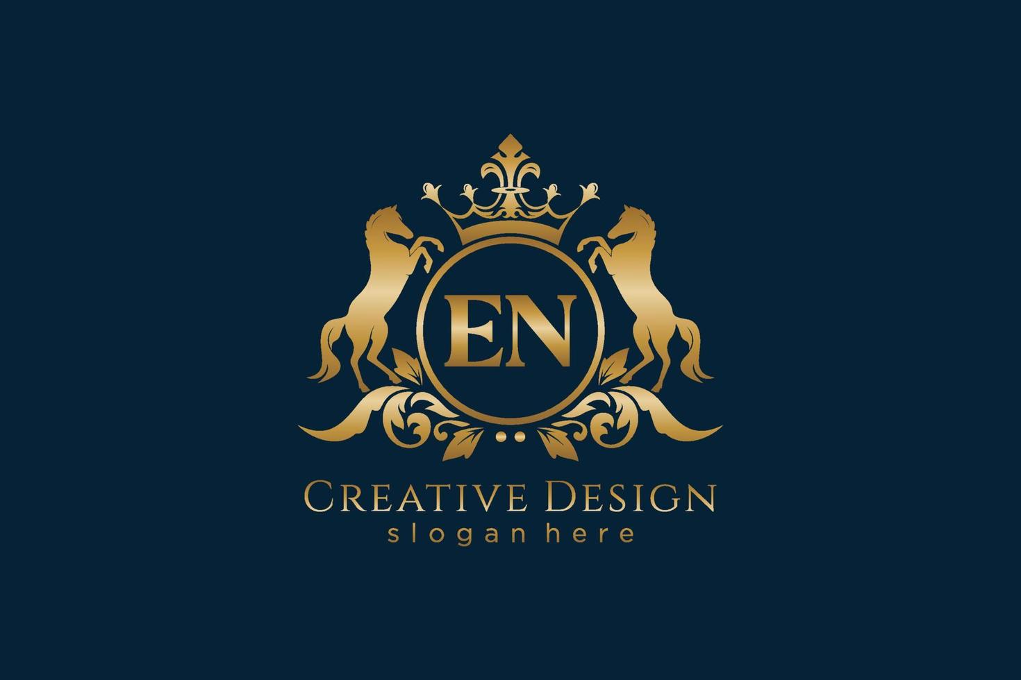 initial EN Retro golden crest with circle and two horses, badge template with scrolls and royal crown - perfect for luxurious branding projects vector