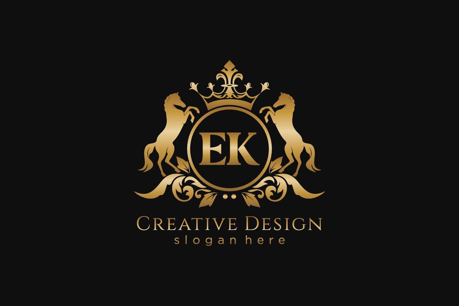 initial EK Retro golden crest with circle and two horses, badge template with scrolls and royal crown - perfect for luxurious branding projects vector