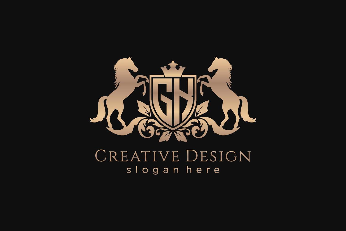 initial GK Retro golden crest with shield and two horses, badge template with scrolls and royal crown - perfect for luxurious branding projects vector