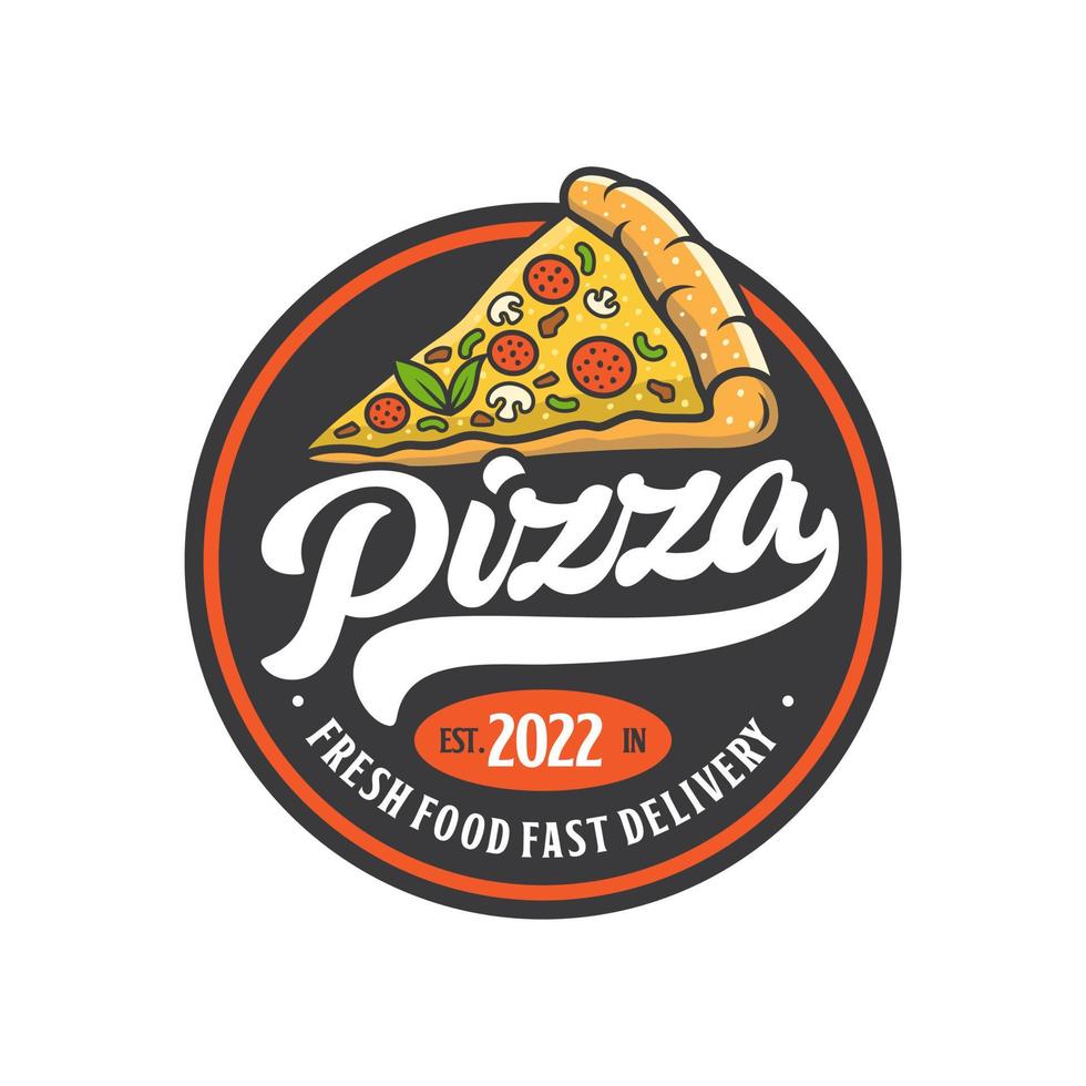 Pizzeria Vector Emblem on blackboard. Pizza logo template. Vector emblem for cafe, restaurant or food delivery service.