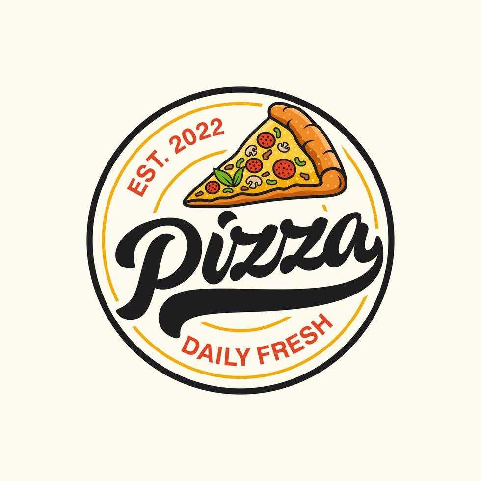 Pizzeria Vector Emblem on blackboard. Pizza logo template. Vector emblem for cafe, restaurant or food delivery service.