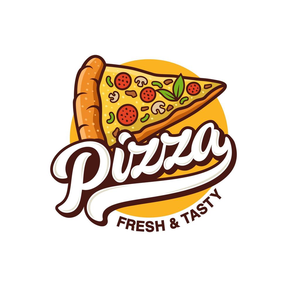 Pizzeria Vector Emblem on blackboard. Pizza logo template. Vector emblem for cafe, restaurant or food delivery service.