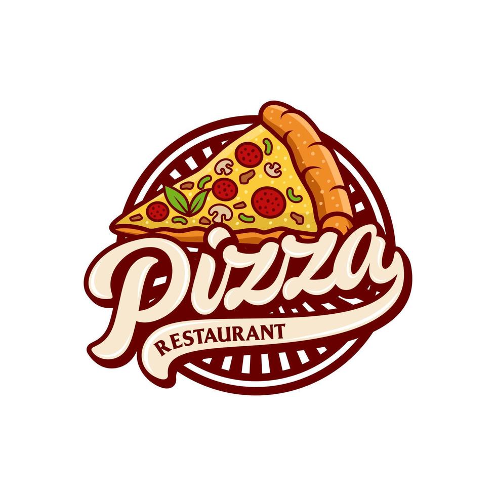 Pizzeria Vector Emblem on blackboard. Pizza logo template. Vector emblem for cafe, restaurant or food delivery service.