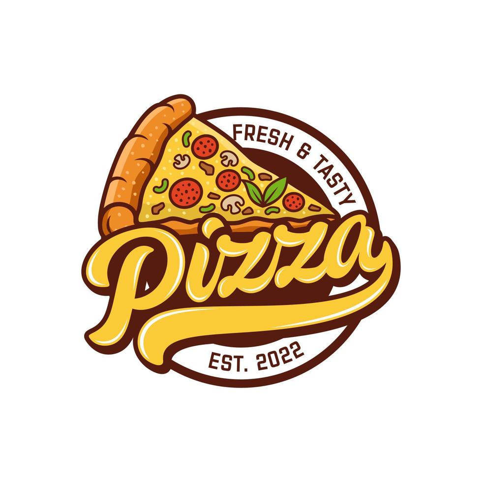 Pizzeria Vector Emblem on blackboard. Pizza logo template. Vector emblem for cafe, restaurant or food delivery service.