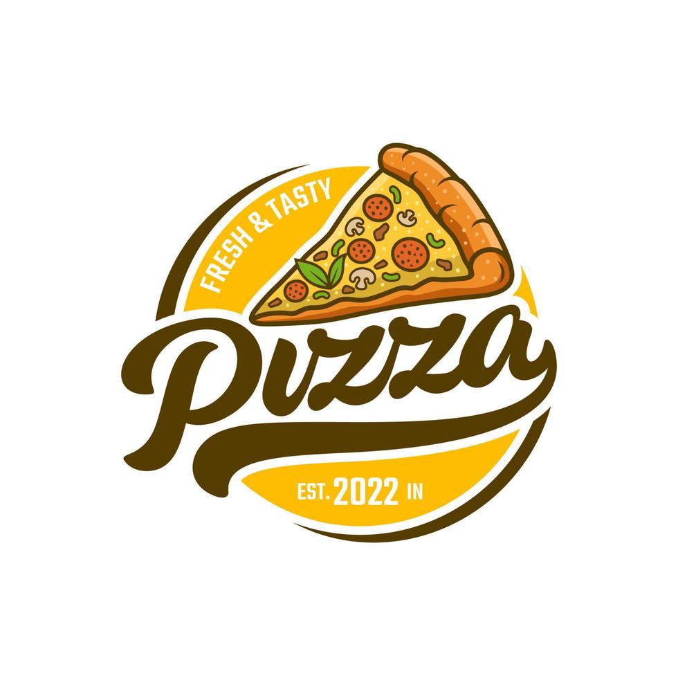 Pizzeria Vector Emblem on blackboard. Pizza logo template. Vector emblem for cafe, restaurant or food delivery service.