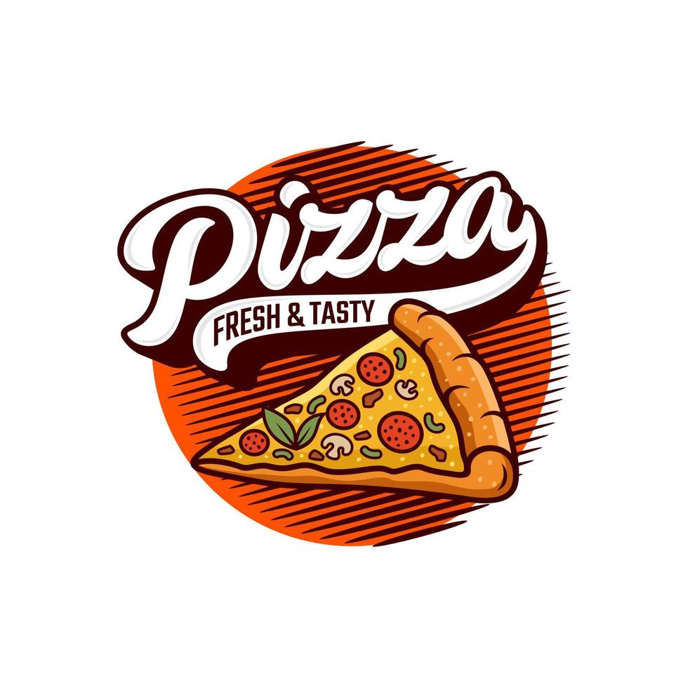 Pizzeria Vector Emblem on blackboard. Pizza logo template. Vector emblem for cafe, restaurant or food delivery service.