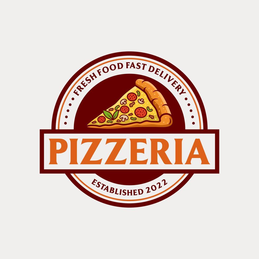 Pizzeria Vector Emblem on blackboard. Pizza logo template. Vector emblem for cafe, restaurant or food delivery service.