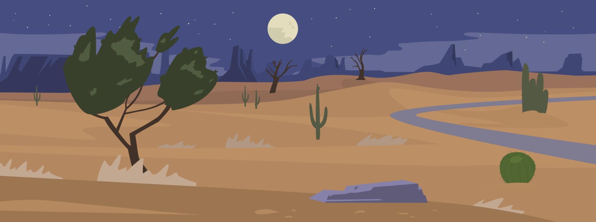 ilustración vectorial del paisaje panorámico del desierto nocturno. vector