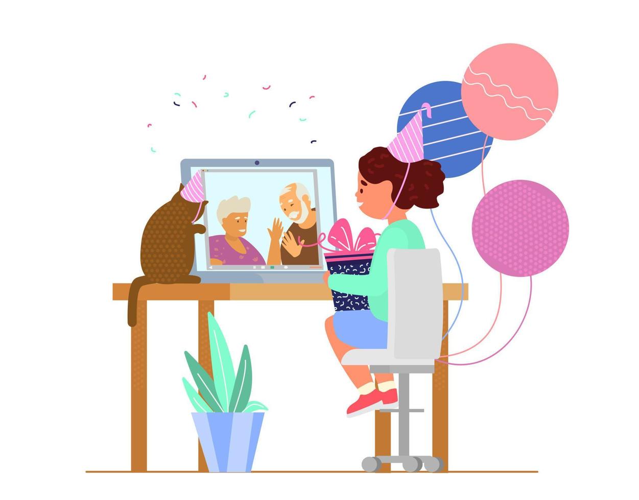 fiesta de cumpleaños en línea. niña feliz con caja de regalo en las manos habla con los abuelos por videoconferencia. ilustración vectorial plana. vector